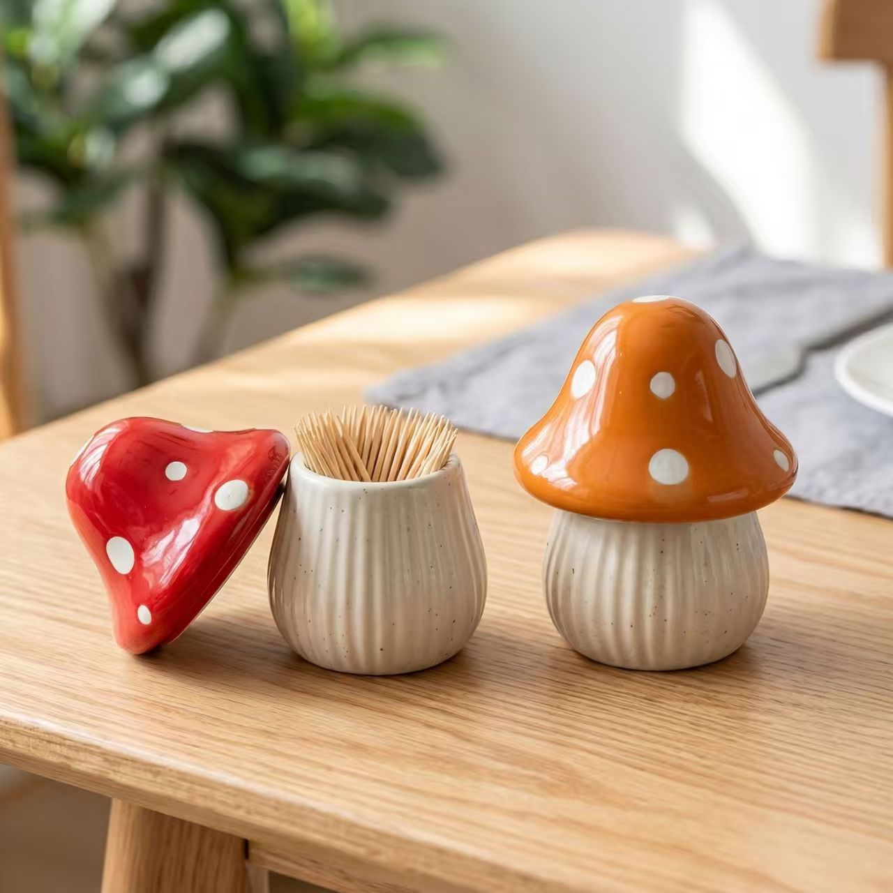 Kitchen Baking Organization - กระปุกเซรามิคลายการ์ตูนรูปเห็ด สำหรับเก็บของใช้ในบ้าน ที่ใส่ไม้จิ้มฟัน ที่เก็บสำลี ที่จัดระเบียบสำลีก้าน ของตกแต่งห้องครัว