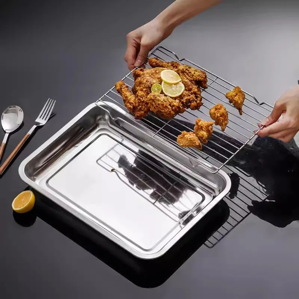 Kitchen Baking Pan Storage - ถาดอบสแตนเลสพร้อมตะแกรงระบายความร้อน ถาดลึกพร้อมตะแกรงระบายน้ำมันสำหรับอาหารทอด อบ ย่าง ชุดถาดเสิร์ฟในครัว