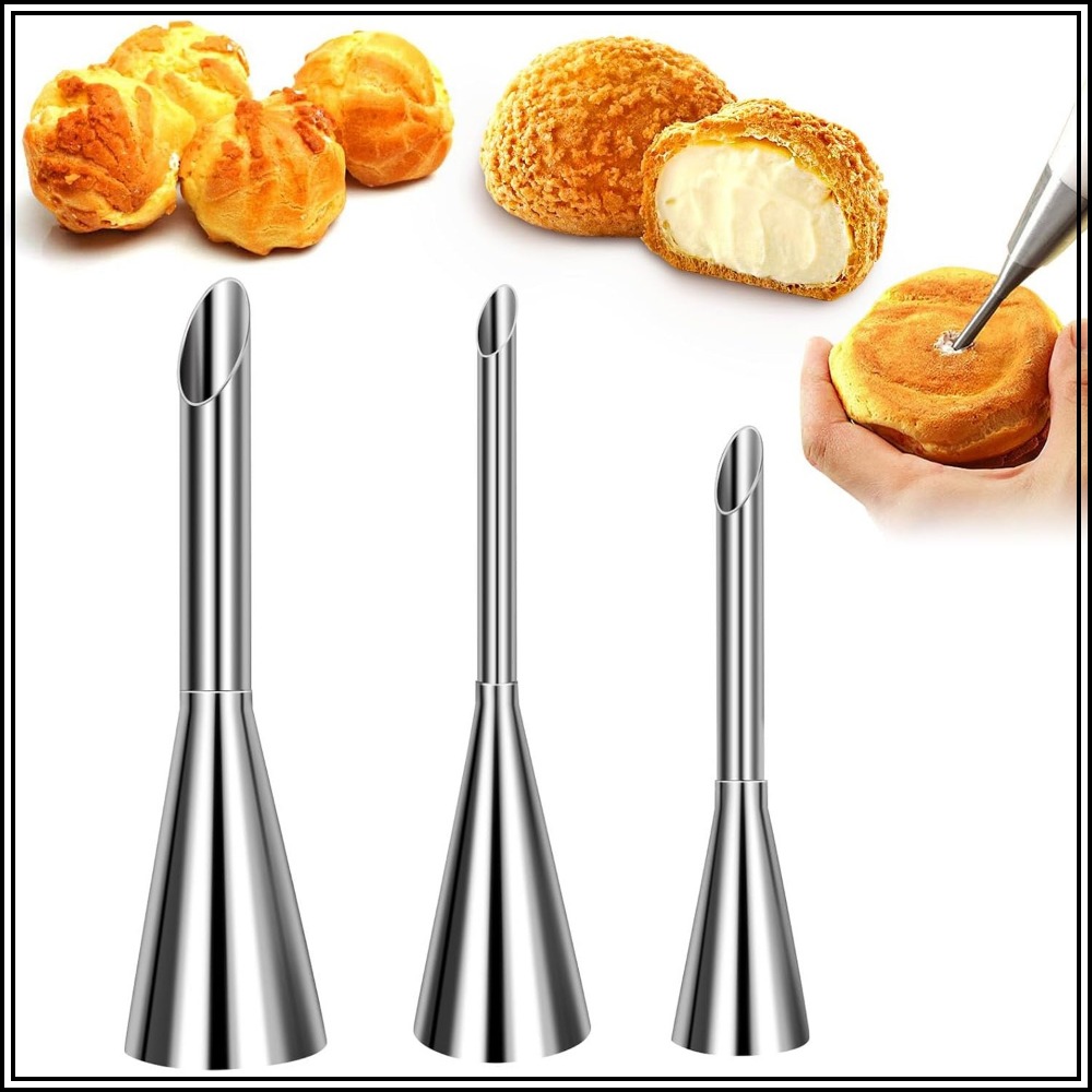 Decorating Tip Set - ชุดหัวบีบครีมพัฟแบบยาว - หัวฉีดสแตนเลส 3 ชิ้นสำหรับตกแต่งขนม