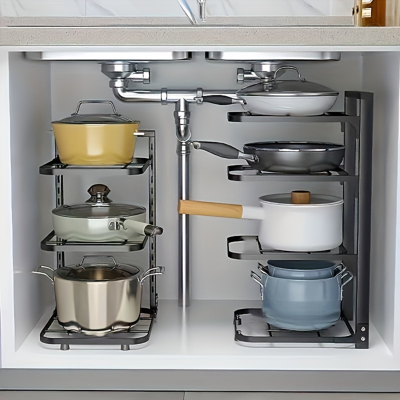 Kitchen Baking Pan Organizer - ที่วางหม้อแบบปรับได้, ชั้นวางหม้อสแตนเลสสำหรับห้องครัว, ที่จัดระเบียบหม้อและกระทะแบบหลายชั้นสำหรับใช้ในครัวเรือน