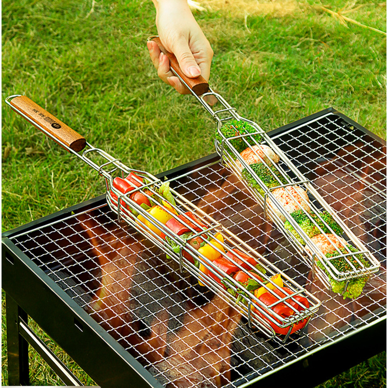 Kitchen Baking Utensils - กรงบาร์บีคิวสแตนเลส304สำหรับแคมป์ปิ้งตะแกรงด้ามไม้ทึบ penjepit panggangan เครื่องใช้ในครัวแบบเข้ารหัสตัวหนา