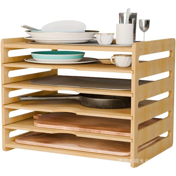 Kitchen Cabinet Baking Sheet Organizer - ชั้นวางของในครัวไม้เนื้อแข็ง ชั้นวางจานชามหลายชั้น ถาดแบ่งช่องใส่ภาชนะอบ ฝาปิด และชั้นวางอุปกรณ์ทำขนม