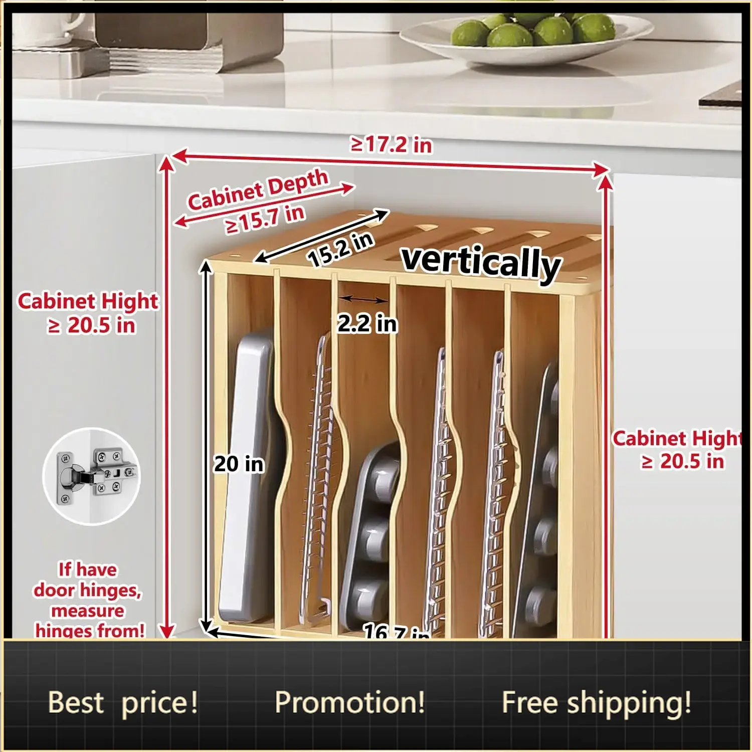 Kitchen Cabinet Baking Sheet Organizer - แผ่นกั้นถาดไม้สำหรับตู้เก็บของ, ที่จัดระเบียบถาดอบคุกกี้สำหรับตู้เก็บของ, ที่จัดระเบียบถาดอบขนมสำหรับอุปกรณ์จัดระเบียบในครัว