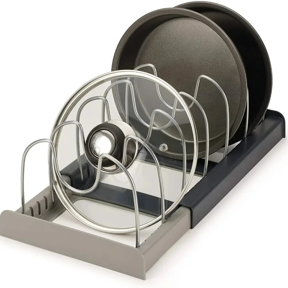 Kitchen Baking Pan Organizer - 2026 ชั้นวางหม้อแบบยืดหดได้ 7 ช่อง ประหยัดพื้นที่ จัดระเบียบตู้ครัว