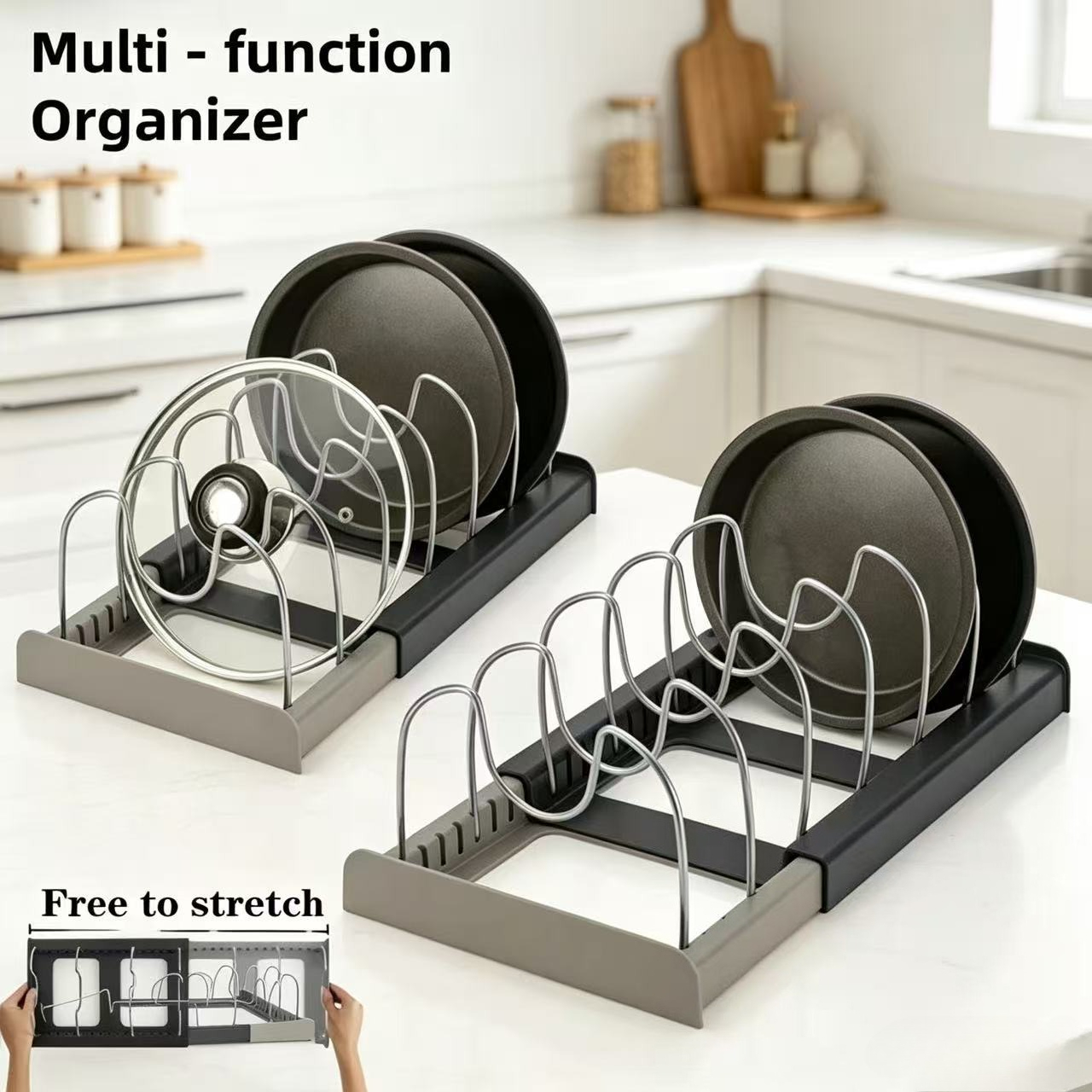 ชั้นวางหม้อแบบยืดหดได้ 7 ช่อง, - Kitchen Baking Pan Organizer บทวิจารณ์และราคา