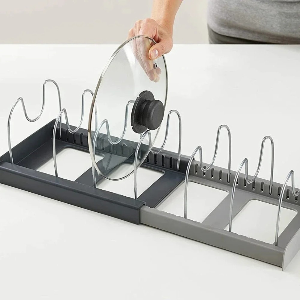 ชั้นวางหม้อแบบยืดหดได้ 7 ช่อง, - Kitchen Baking Pan Organizer บทวิจารณ์และราคา