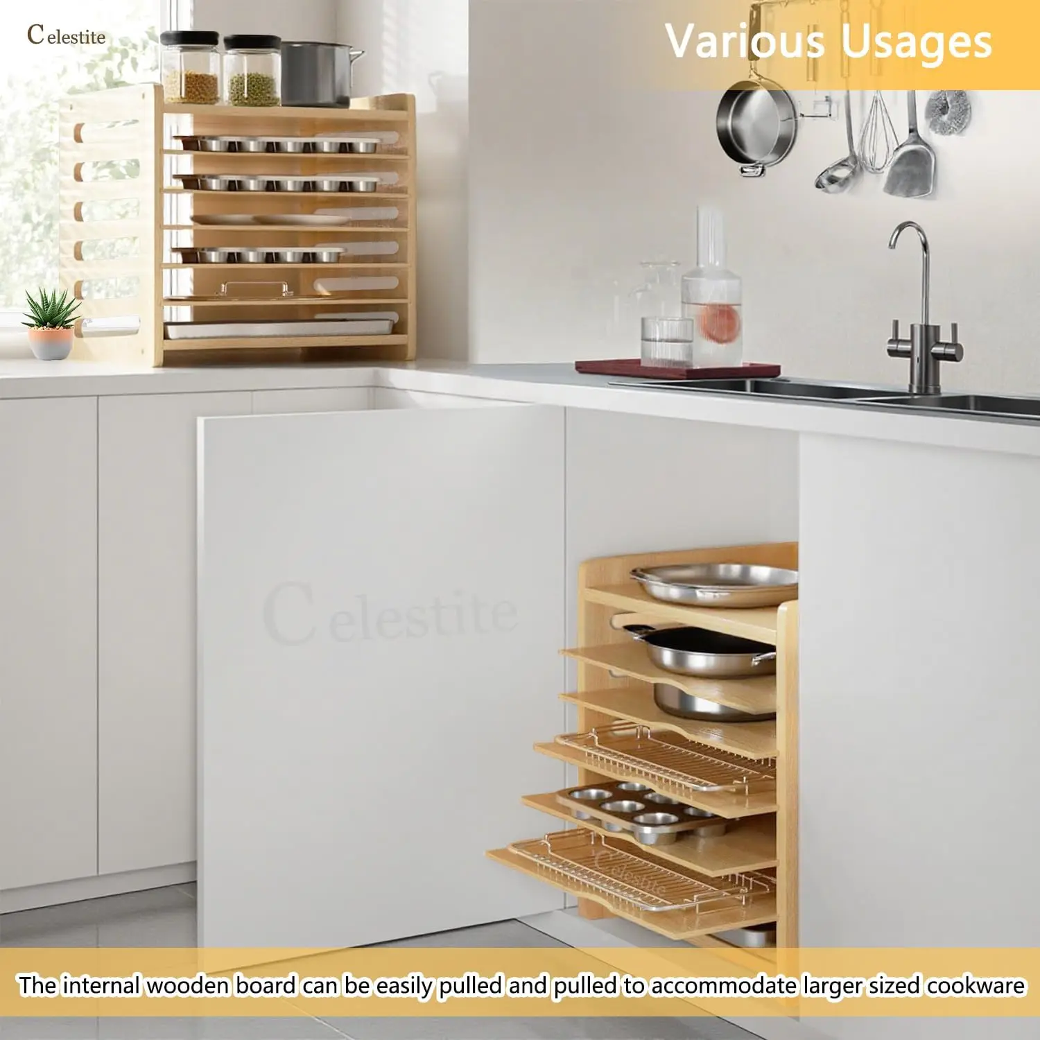 แผ่นกั้นถาดไม้สำหรับตู้เก็บของ - Kitchen Cabinet Baking Sheet Organizer บทวิจารณ์และราคา